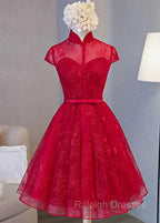 Cute Lace Short Cap Sleeves Homecoming Dress, Red Short Party Dresses