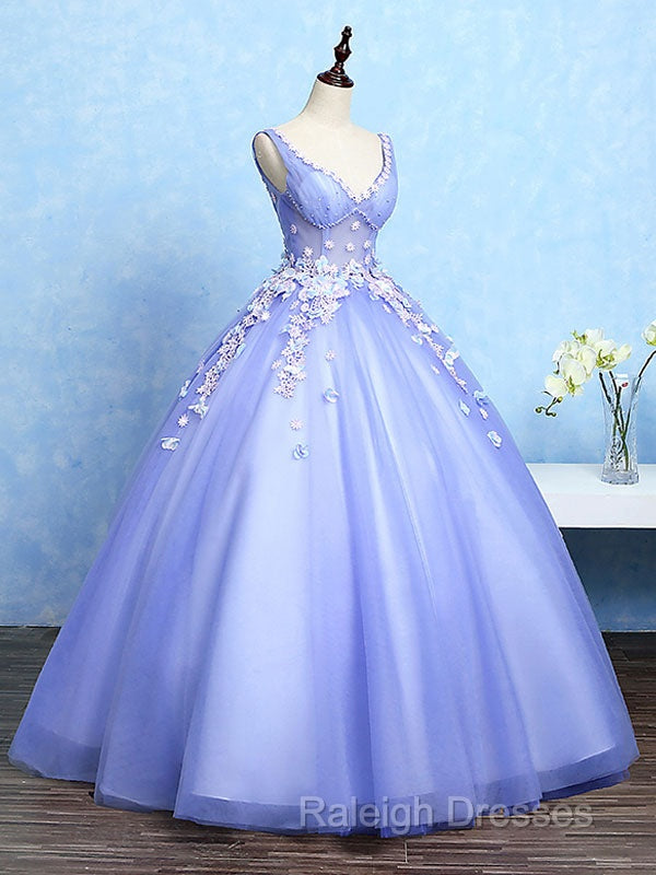 Cute Lavender Tulle Ball Gown V-Neckline Sweet 16 Dresses, Light Purple Formal Dresses