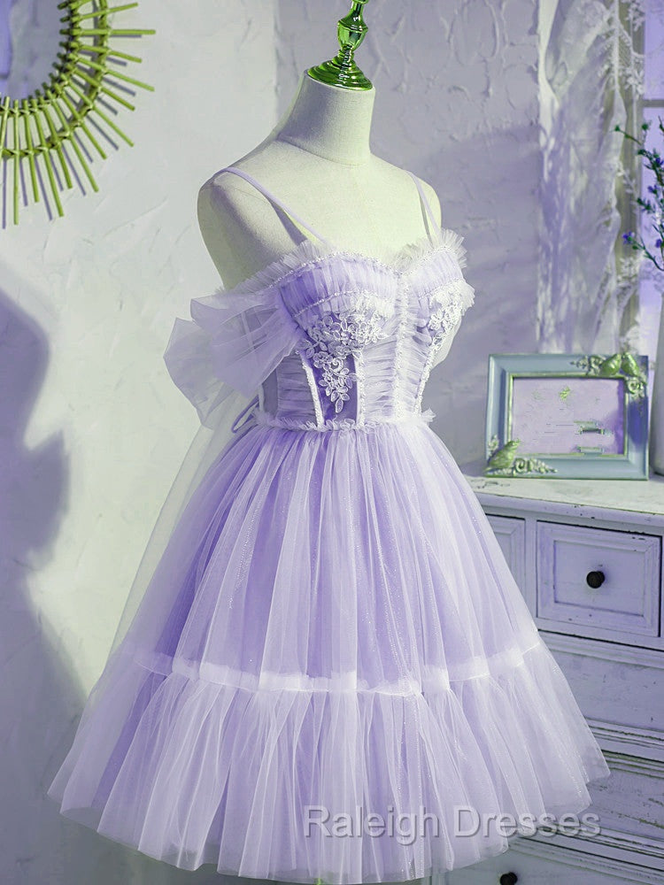 Cute Lavender Tulle Short Straps Homecoming Dresss, Tulle Sweetheart Prom Dress