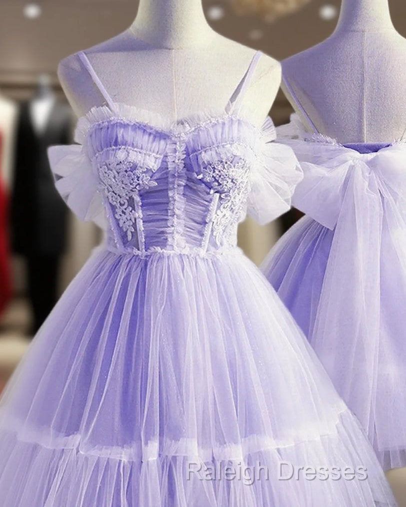 Cute Lavender Tulle Short Straps Homecoming Dresss, Tulle Sweetheart Prom Dress