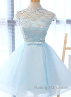 Cute Light Blue Tulle With Lace Prom Dresses Beautiful Short Classical Prom Dresses