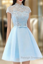 Cute Light Blue Tulle With Lace Prom Dresses Beautiful Short Classical Prom Dresses
