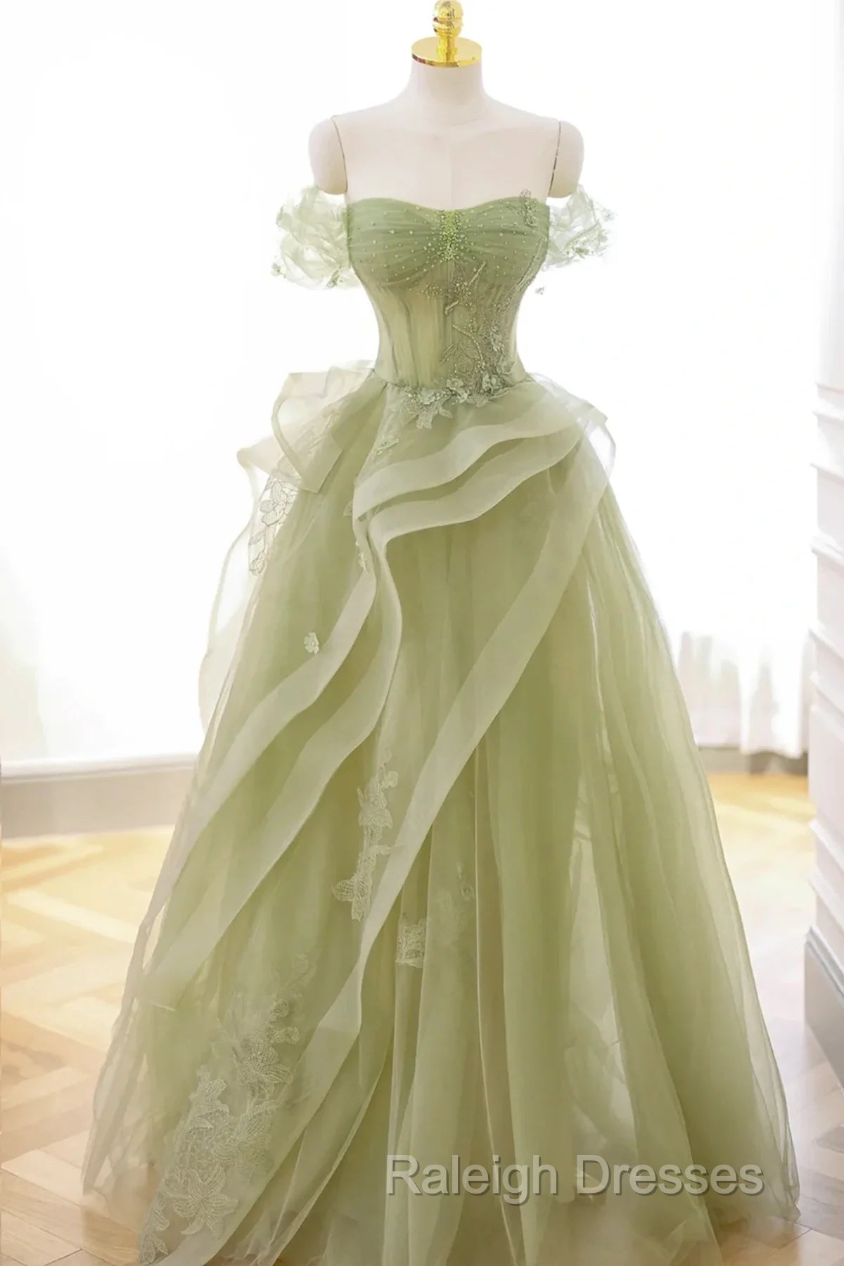 Cute Light Green A-Line Beaded Tulle Party Dress, Light Green Long Prom Dress