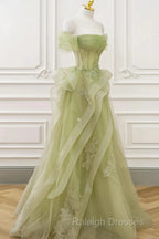 Cute Light Green A-Line Beaded Tulle Party Dress, Light Green Long Prom Dress
