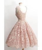 Cute Light Pink Lace Short Prom Dress, Lace Bridesmaid Dress