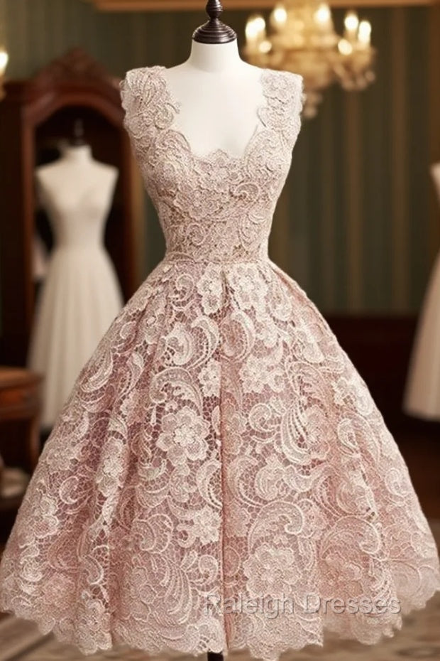 Cute Light Pink Lace Short Prom Dress, Lace Bridesmaid Dress