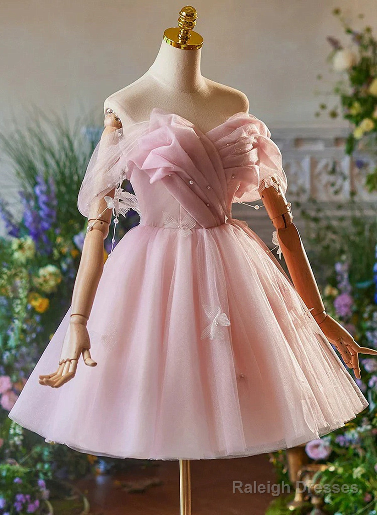 Cute Light Pink Off Shoulder Tulle Homecoming Dress, Pink Short Prom Dress Secondary image