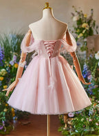 Cute Light Pink Off Shoulder Tulle Homecoming Dresses Pink Short Prom Dresses