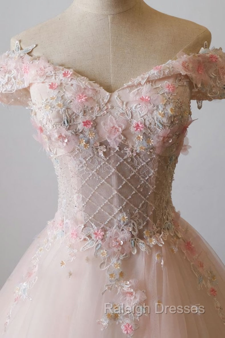 Cute Light Pink Tulle Flowers Off Shoulder Prom Dress, Sweet 16 Gowns