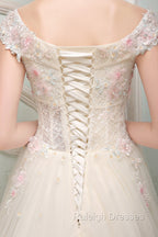 Cute Light Pink Tulle Flowers Off Shoulder Prom Dress, Sweet 16 Gowns