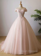 Cute Light Pink Tulle Flowers Off Shoulder Prom Dress, Sweet 16 Gowns