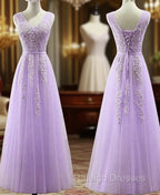 Cute Light Purple Tulle with Lace V-neckline Prom Dress, Long Evening Gown Formal Dress