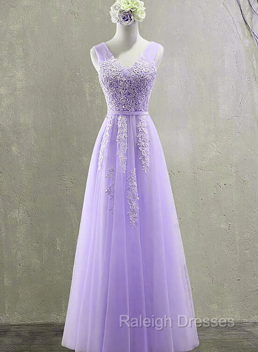 Cute Light Purple Tulle with Lace V-neckline Prom Dress, Long Evening Gown Formal Dress Main image