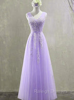Cute Light Purple Tulle with Lace V-neckline Prom Dress, Long Evening Gown Formal Dress