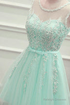 Cute Mint Green Tulle Short Party Dress With Lace Applique, Homecoming Dress