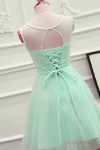 Cute Mint Green Tulle Short Party Dress With Lace Applique, Homecoming Dress