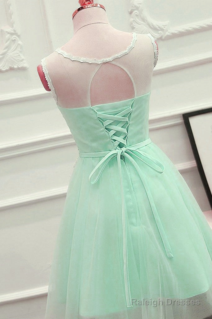 Cute Mint Green Tulle Short Party Dress With Lace Applique, Homecoming Dress