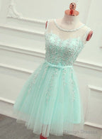 Cute Mint Green Tulle Short Party Dress With Lace Applique, Homecoming Dress