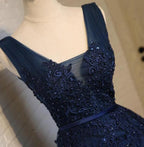 Cute Navy Blue Knee Length Lace Applique Prom Dresses Homecoming Dresses