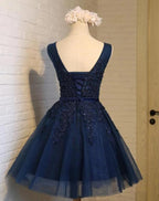 Cute Navy Blue Knee Length Lace Applique Prom Dresses Homecoming Dresses