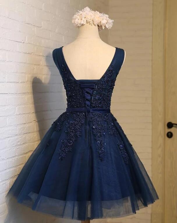 Cute Navy Blue Knee Length Lace Applique Prom Dresses Homecoming Dresses