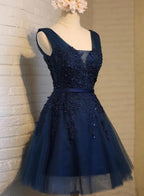 Cute Navy Blue Knee Length Lace Applique Prom Dresses Homecoming Dresses