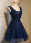 Cute Navy Blue Knee Length Lace Applique Prom Dresses Homecoming Dresses