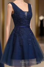Cute Navy Blue Knee Length Lace Applique Prom Dresses Homecoming Dresses