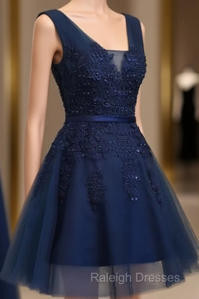 Cute Navy Blue Knee Length Lace Applique Prom Dresses Homecoming Dresses