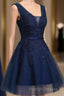 Cute Navy Blue Knee Length Lace Applique Prom Dresses Homecoming Dresses