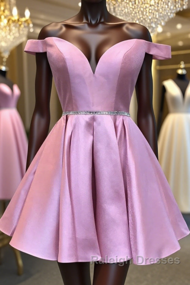 Cute Off Shoulder Pink Satin Short Prom Dresses, Off the Shoulder Pink Homecoming Dresses, Pink Formal Graduation Evening Dresses Main image