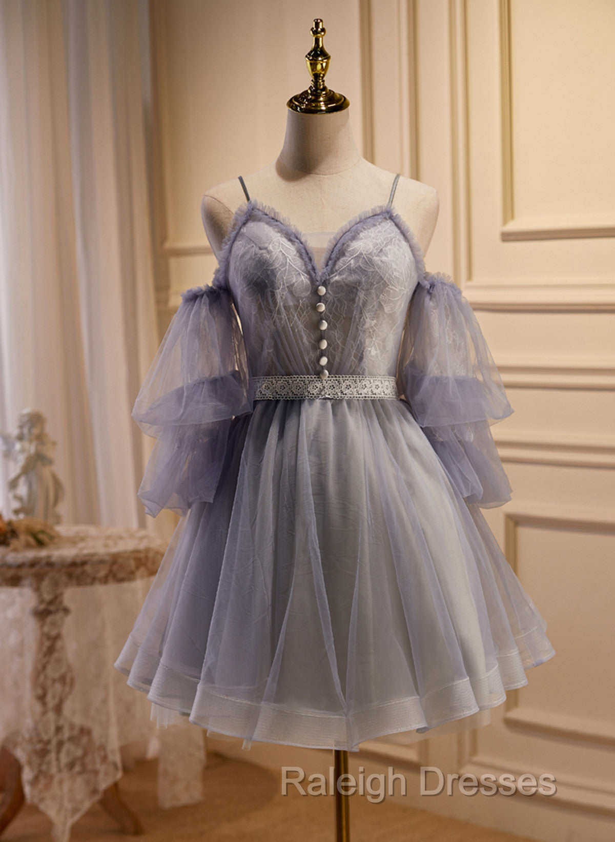 Cute Off Shoulder Tulle And Lace Straps Homecoming Dress, Short Prom Dress Secondary image