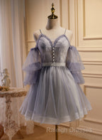 Cute Off Shoulder Tulle And Lace Straps Homecoming Dress, Short Prom Dress