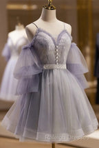 Cute Off Shoulder Tulle And Lace Straps Homecoming Dress, Short Prom Dress