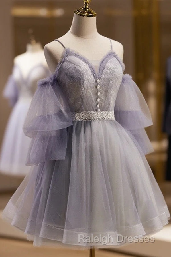 Cute Off Shoulder Tulle And Lace Straps Homecoming Dress, Short Prom Dress