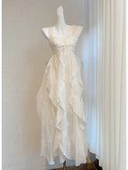 Cute Off-White Ruffled Chiffon Long Formal Prom Dress Bridesmaid Dress