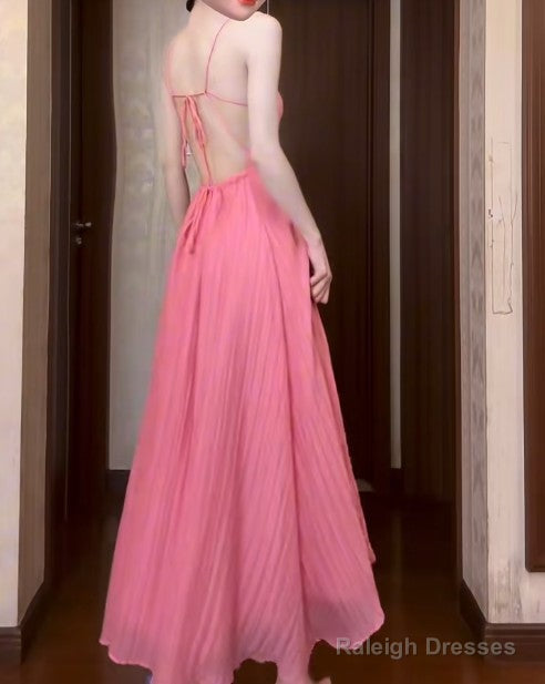 Cute Pink A-Line Chiffon Spaghetti Strap Backless Long Prom Dress Party Dress Secondary image