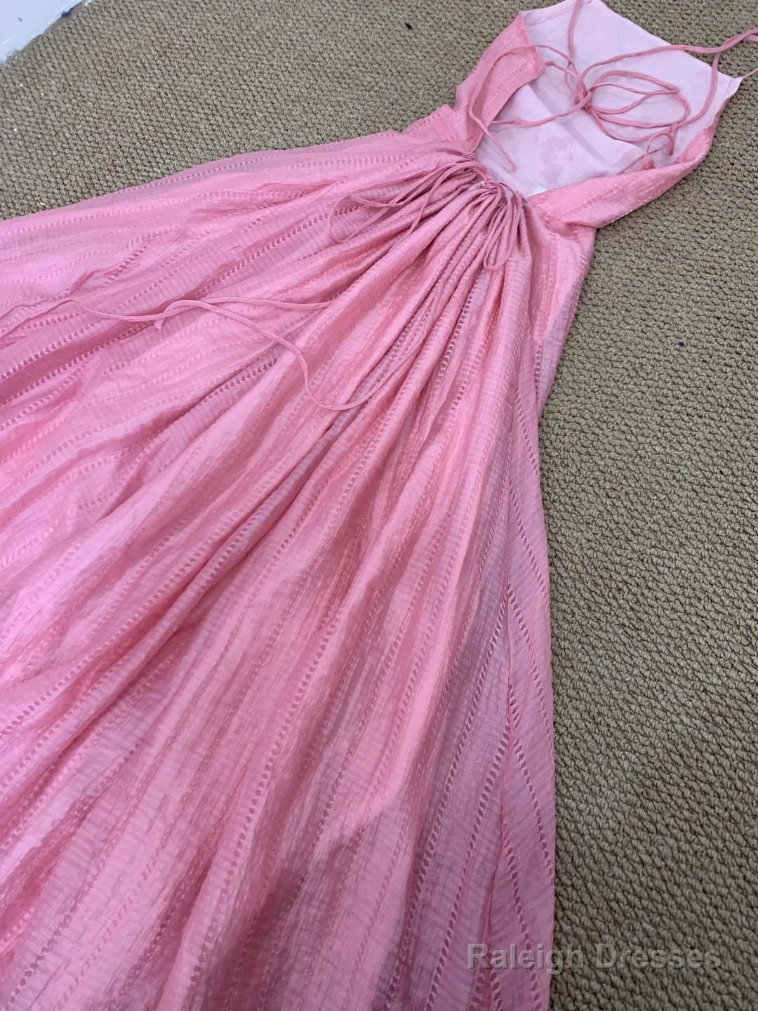 Cute Pink A-Line Chiffon Spaghetti Strap Backless Long Prom Dress Party Dress