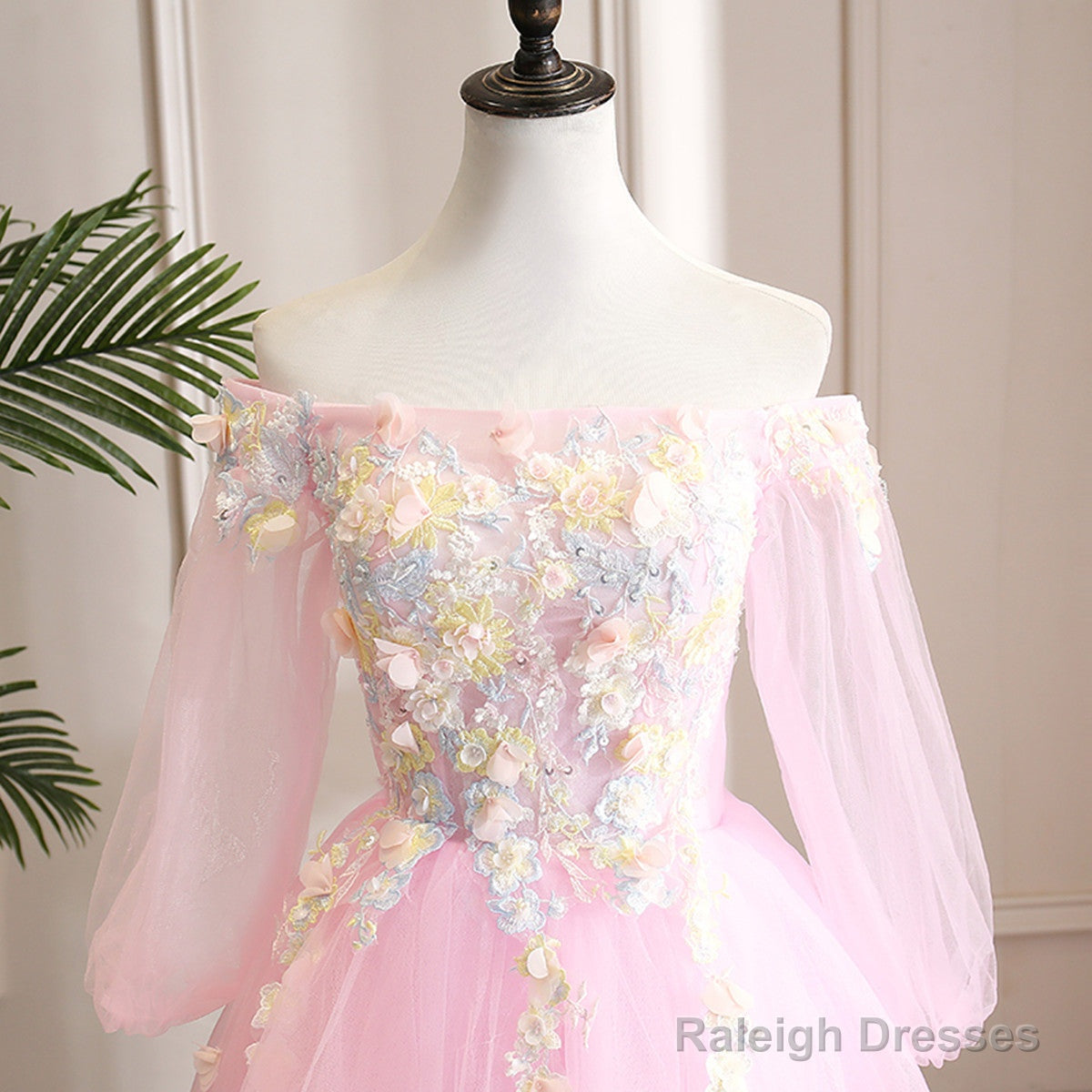 Cute Pink Ball Gown Sweet 16 Dress With Flowers, Pink Tulle Long Formal Dress