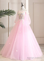 Cute Pink Ball Gown Sweet 16 Dress With Flowers, Pink Tulle Long Formal Dress