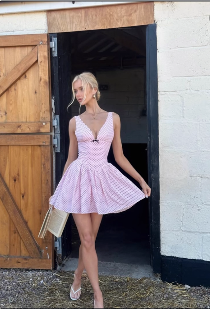 Cute Pink Deep V Polka Dot A-Line Birthday Dress Homecoming Dress