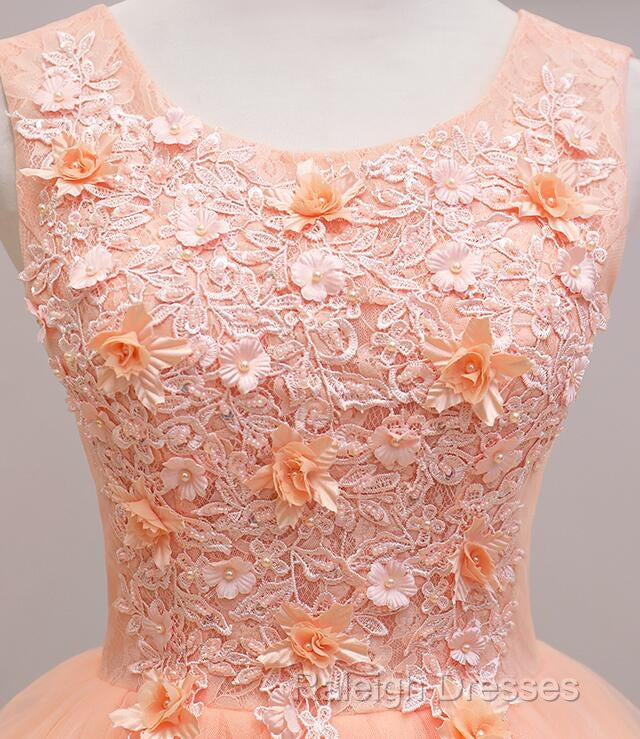 Cute Pink Flowers And Lace Applique Round Neckline Prom Dresses Pink Homecoming Dresses