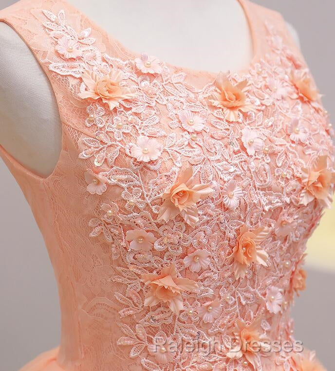 Cute Pink Flowers And Lace Applique Round Neckline Prom Dresses Pink Homecoming Dresses
