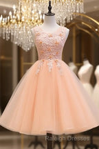 Cute Pink Flowers And Lace Applique Round Neckline Party Dress, Pink Homecoming Dress