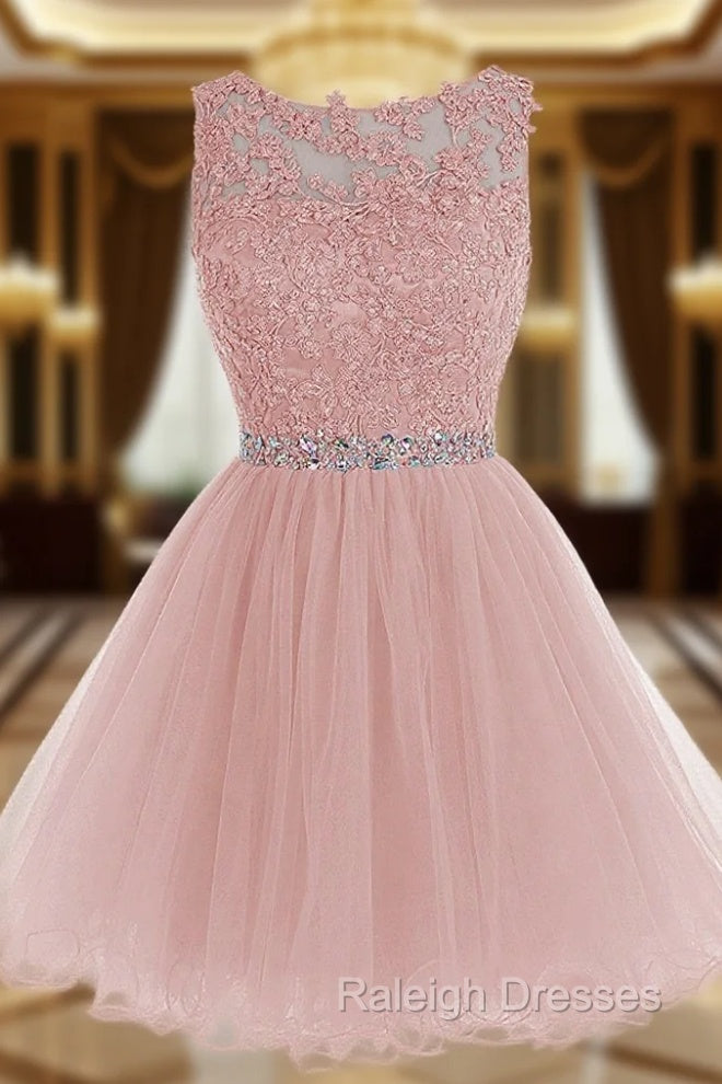 Cute Pink Handmade Tulle Beaded Party Dress, Pink Homecoming Dress Main image