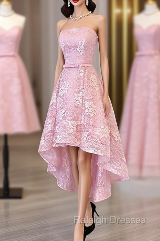Cute Pink High Low Lace Scoop Homecoming Dress, Pink Short Prom Dress