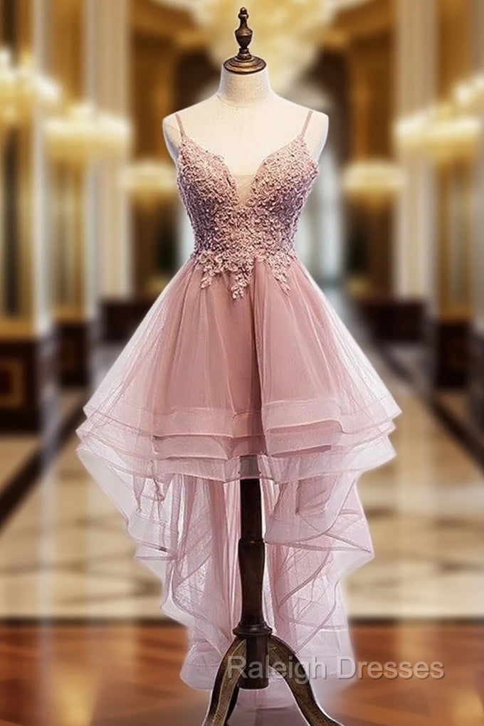 Cute Pink High Low Tulle with Lace Prom Dress High Low Homecoming Dress prom dresses shops Main image