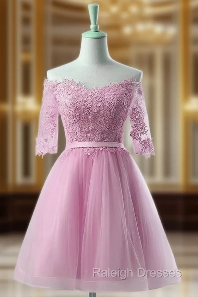 Cute Pink Knee Length Short Sleeves Prom Dresses Tulle Prom Dresses
