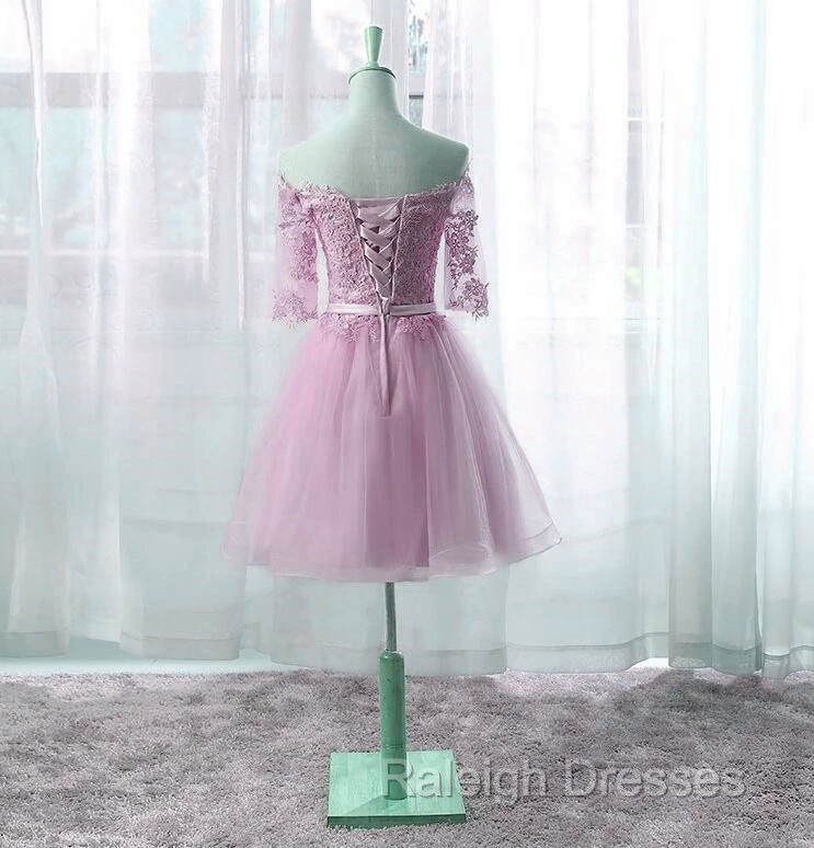 Cute Pink Knee Length Short Sleeves Party Dress, Tulle Prom Dress