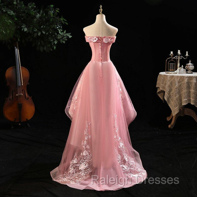 Cute Pink Off Shoulder High Low Tulle with Lace Prom Dress, Pink Homecoming Dresses Secondary image